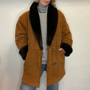 Vintage Sherpa Suede Car Coat Shawl Collar Barnstormer Western Chore Jacket